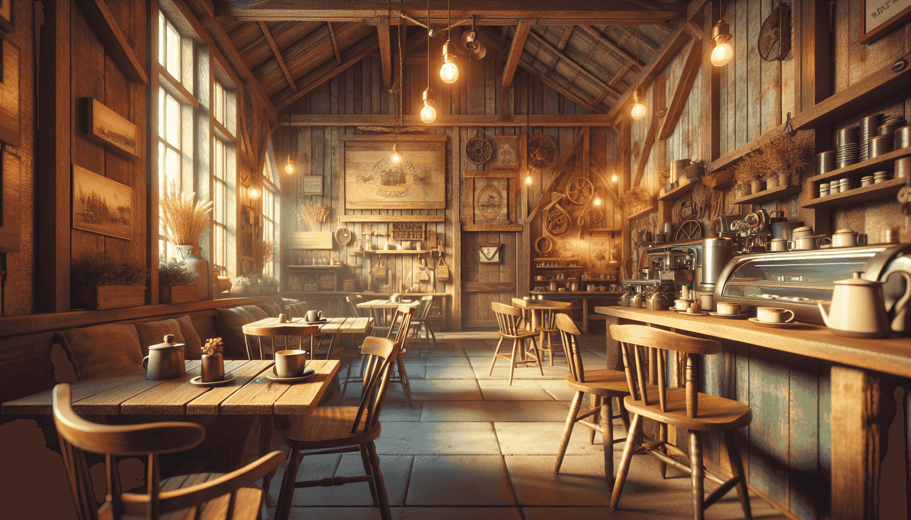Interior do café com decoração rústica