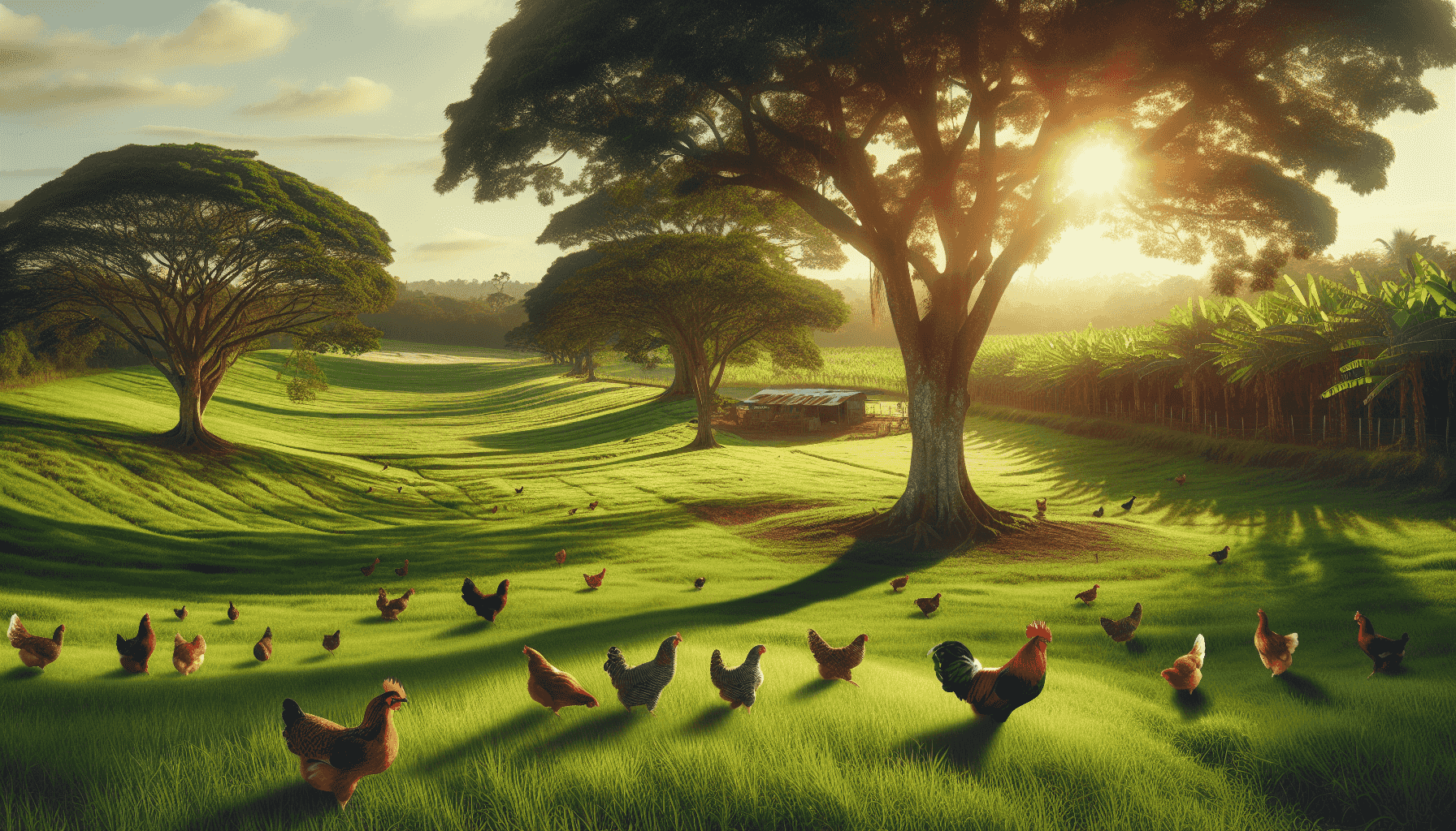 Paisagem da fazenda com galinhas